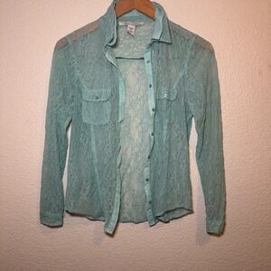American Rag Womens Small Long Sleeve Button Up Sheer Tunic Lace Teal Festival
